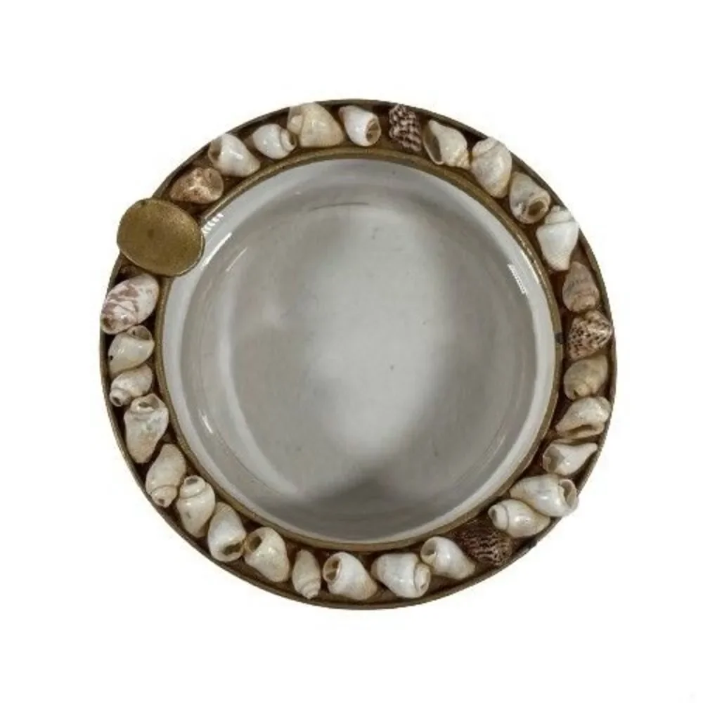 Real Seashell Encrusted Ashtray Glass Gold Tone Vintage Cigarette MCM Coastal